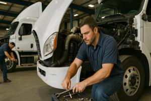Two mechanics working on semi-trucks inside a spacious repair facility, surrounded by open hoods, tools, and industrial lighting.