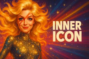 A radiant, cosmic-themed illustration of a blonde woman with voluminous, golden curls flowing around her face like a glowing mane. She wears a shimmering stardust bodysuit, covered in twinkling golden stars, giving her a powerful, celestial presence. A bo