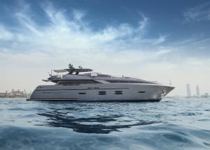 Grey yacht in Arabian Gulf waters.