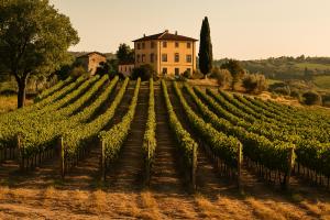 Vineyard at sunset with a traditional family estate in the background, symbolizing long-term vision and strategic alignment in family businesses