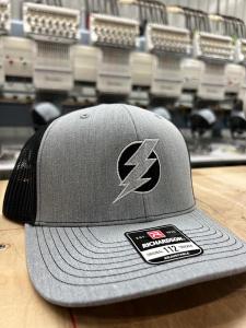 Gray Richardson 112 trucker hat with Bolt Printing lightning bolt logo, embroidered in U.S. facility