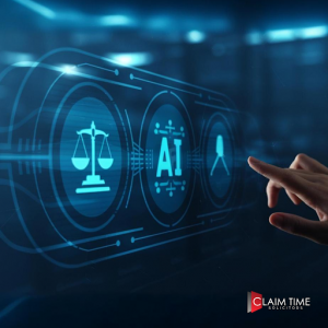 Futuristic interface showing AI integration in legal services with icons of justice scales, AI, and analysis, representing Claim Time Solicitors' use of generative AI in fraud detection.