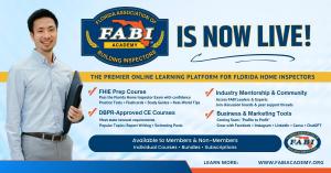 Graphic promoting FABI Academy online platform highlighting FHIE prep course, continuing education options, APHI accreditation support, and inspector community features.