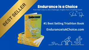 pic of book and banner for number one triathlon book on blue background