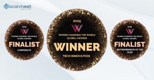 Images of Dr. Laurelle Jno Baptiste's winner badge for Tech Innovation and finalist badges for Women in Corporate and Entrepreneur of the Year.