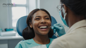 A patient smiling on a dentist's chair