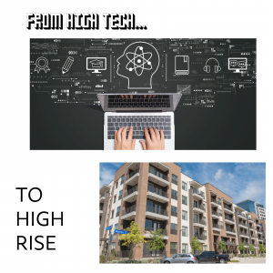 A computer lab and apartment complex in the city.