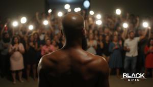 Eddie R stands before an audience at the launch of BlackEpic.org, representing Black Epic Entertainment’s debut platform in immersive media.