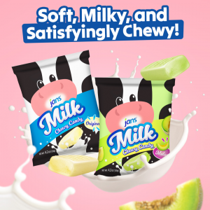 Jans Milky Candy display at the 2025 Sweets & Snacks Expo, featuring classic-style packaging and candy samples in decorative bowls.