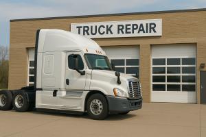 White semi-truck parked in front of a beige brick truck repair shop with three garage bays and a bold "TRUCK REPAIR" sign above.