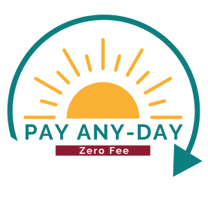 Pay Any-Day Logo: Sun rising over text "PAY ANY-DAY" with "Zero Fee" below