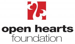 Red square with white double open heart logo