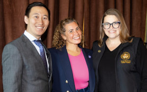 Eric Xu, President of LBank Labs, stands with Carrie “Ms. NFTy” Lyn and Assemblymember Heather Hadwick (District 1) at the Sacramento reception of the California Crypto Tour. The three are smiling and engaged in conversation, representing a collaborative