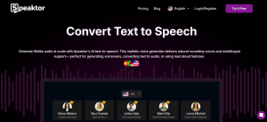 Screenshot of Speaktor homepage featuring “Convert Text to Speech” headline with multilingual icons and user testimonials.
