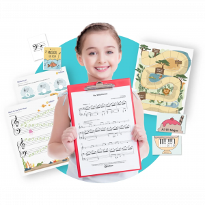 Child using Hoffman Academy piano learning materials, including sheet music, practice guides, and colorful worksheets.