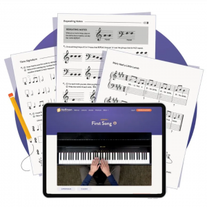 Tablet screen showing Hoffman Academy’s online piano lesson titled “First Song,” surrounded by printable music theory worksheets and beginner sheet music.