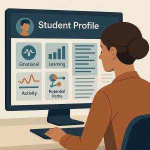 Illustration of a teacher viewing a digital student profile on a computer screen, with sections labeled Emotional, Learning, Activity, and Potential Paths, representing NOXE Smart Schools' use of real-time data to personalize education and support student