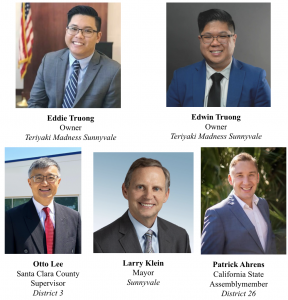 Headshots of the speakers at the Grand Opening of Teriyaki Madness Sunnyvale: Eddie Truong, Edwin Truong, Otto Lee, Larry Klein, Patrick Ahrens