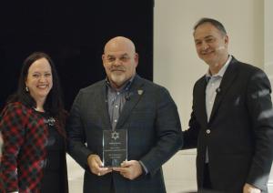 Karen Hall, Chief Relationship Officer 90210 Enterprise, and Ashkan Tabibnia, Founder and CEO 90210 Enterprise, presenting the "Conscious Leadership Legacy Award," to Todd Johnson, President and CEO Beverly Hills Chamber of Commerce, naming him a Man of God.