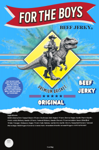 For The Boys Originial Flavor New Package Design with A Cowboy Riding A Dinosaur, Specifically A T-Rex. Te text on the bag reads: For The Boys Beef Jerky premium brisket beef jerky original flavor