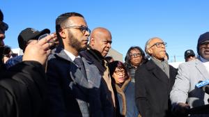 Community leaders united in Newark, NJ — Left to right: Rev. Bolivar Flores, Mayor Ras J. Baraka, Rev. Louise Scott-Rountree, U.S. Congresswoman LaMonica R. McIver, and civil rights activist Rev. Al Sharpton.