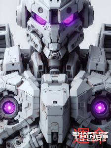 A close up view of an all white military grade mecha bot with piercing purple eyes voiced by film writer and director Tony Savo.