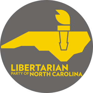 The Libertarian Party of North Carolina logo with a liberty torch superimposed on the outline of the state of North Carolina.