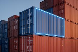 Shipping container stacked in yard with neon outline indicating connectivity