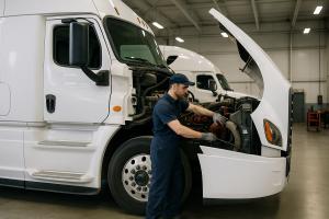 Diesel mechanic in a navy uniform working under the open hood of a white semi-truck inside a clean, well-lit service garage.