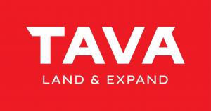 TAVA logo with the words "LAND & EXPAND" underneath, displayed in bold white text on a bright red background.