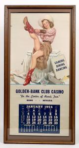 Cowboy-themed calendar from 1954 from the Golden Bank Casino in Reno, Nevada, showing a “Harold’s Club”-style cowgirl graphic, 19 inches by 37 inches, nicely framed ($3,500).