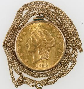 This 26-inch necklace boasting a U.S. Liberty Head 1896-S $20 gold piece in Fine-Extra Fine condition, in bezel, topped out at $3,625.