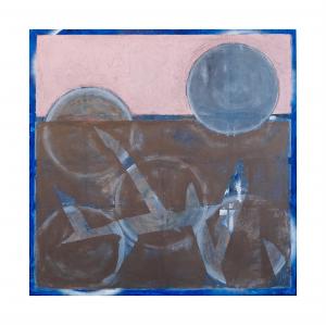Pink Horizon–Blue Moon: 40" x 40" acrylic and spray paints, inks, and stencils on canvas
