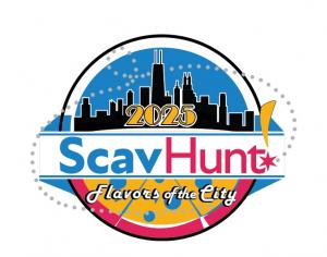 image of Chicago skyline with dots indicating a scavenger hunt and a round pizza shape accenting the 2025 theme: Flavors of the City