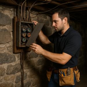 Home inspector examines an electrical panel with fuses
