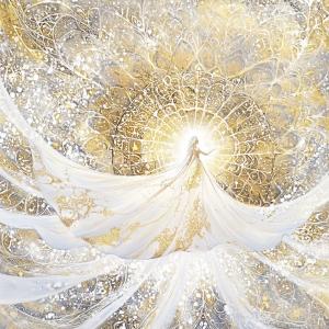 White and gold goddess figure emerging from celestial mandala of light, a visual metaphor for Elysium’s Divine Rebirth Initiation, a Dallas and worldwide private mentorship combining Kundalini Yoga, Reiki energy healing, and spiritual transfiguration for 