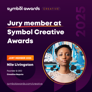 A square purple box with a photo of Nile Livingston and text that reads "Symbol Awards Creative 2025 Jury member at Symbol Creative Awards Jury Member 2025 Nile Livingston Founder and CEO Creative Repute