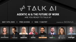 Promotional banner for the Talk AI Summit 2025, themed “Agentic AI & The Future of Work,” featuring headshots of speakers from Demandbase, Goldcast, Magnate, Domo, AI Rocketship, DigitalHire, Regie.ai, and Mango Voice. The event is free, virtual, and take