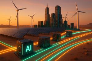 High-tech illustration of Texas AI data centers powered by wind and solar with futuristic energy lines linking buildings across the ERCOT-powered landscape for data center land for sale