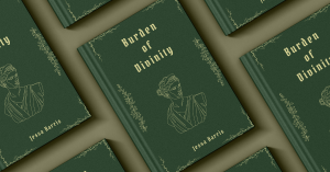 Book cover for Burden of Divinity featuring a dark green background with gold line-art embellishments: a classical bust at center, delicate vine borders, and the title in Gothic-style type. 2/2