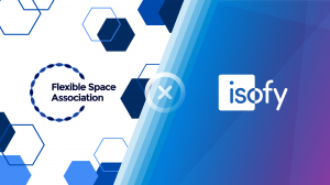 Partnership graphic featuring the Flexible Space Association logo and isofy logo with a connecting "X" between them, representing their new partnership.