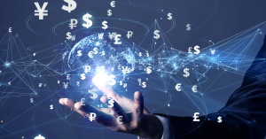 A hand holding a globe surrounded by graphics of foreign currencies