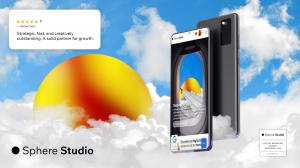Hero image for Sphere Studio LLC showing the company’s branding, website preview, and client review. Represents the digital agency's U.S. headquarters and global design services.