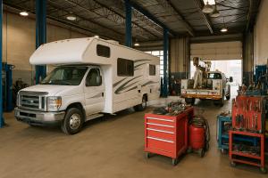 Interior of an RV repair shop with a Class C motorhome, service truck, tool chests, and heavy-duty repair equipment.