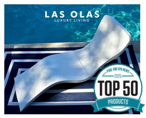 Award-winning white pool lounger by Las Olas Luxury Living positioned poolside with a “Top 50 Products of 2025” badge from Pool & Spa News.