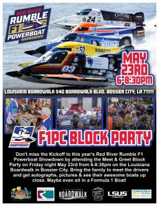 The weekend kicks off with the F1PC Block Party on Friday, May 23, from 6:00–8:30 PM at the Louisiana Boardwalk.