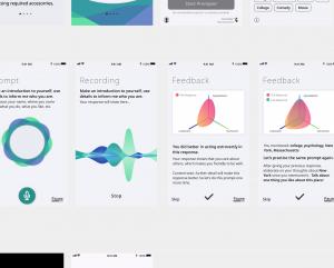 Screenshot of Whisper’s UX interface showing social prompt recording, AI-generated personality feedback, and guided conversation coaching for introverts.