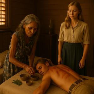"An older Aboriginal woman applies bush medicine to the scarred back of a young man lying on a bed, as a blonde woman watches with concern in a dimly lit, rustic outback room."