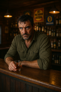 A rugged middle-aged man with intense blue eyes and a weathered face sits alone at a dimly lit outback bar, gripping a glass of whisky. He wears a faded green work shirt, and his expression is stern, haunted, and emotionally burdened—capturing the inner t