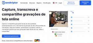 Interface da Transkriptor exibindo opções de gravação de tela com seleção de câmera, entrada de áudio e múltiplos idiomas.